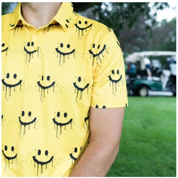 Suntasy Dry Fit Polo Golf Shirt,Yellow and Black Smiley Face Prt., NEW, Small - Picture 2 of 6